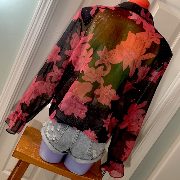 Vintage Black and Pink Floral Connie Choi Sheer Blouse - Picture 13 of 16